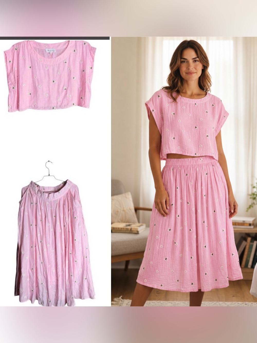 Amable by Mable CROP TOP AND MIDI SKIRT SET embroidery daisies